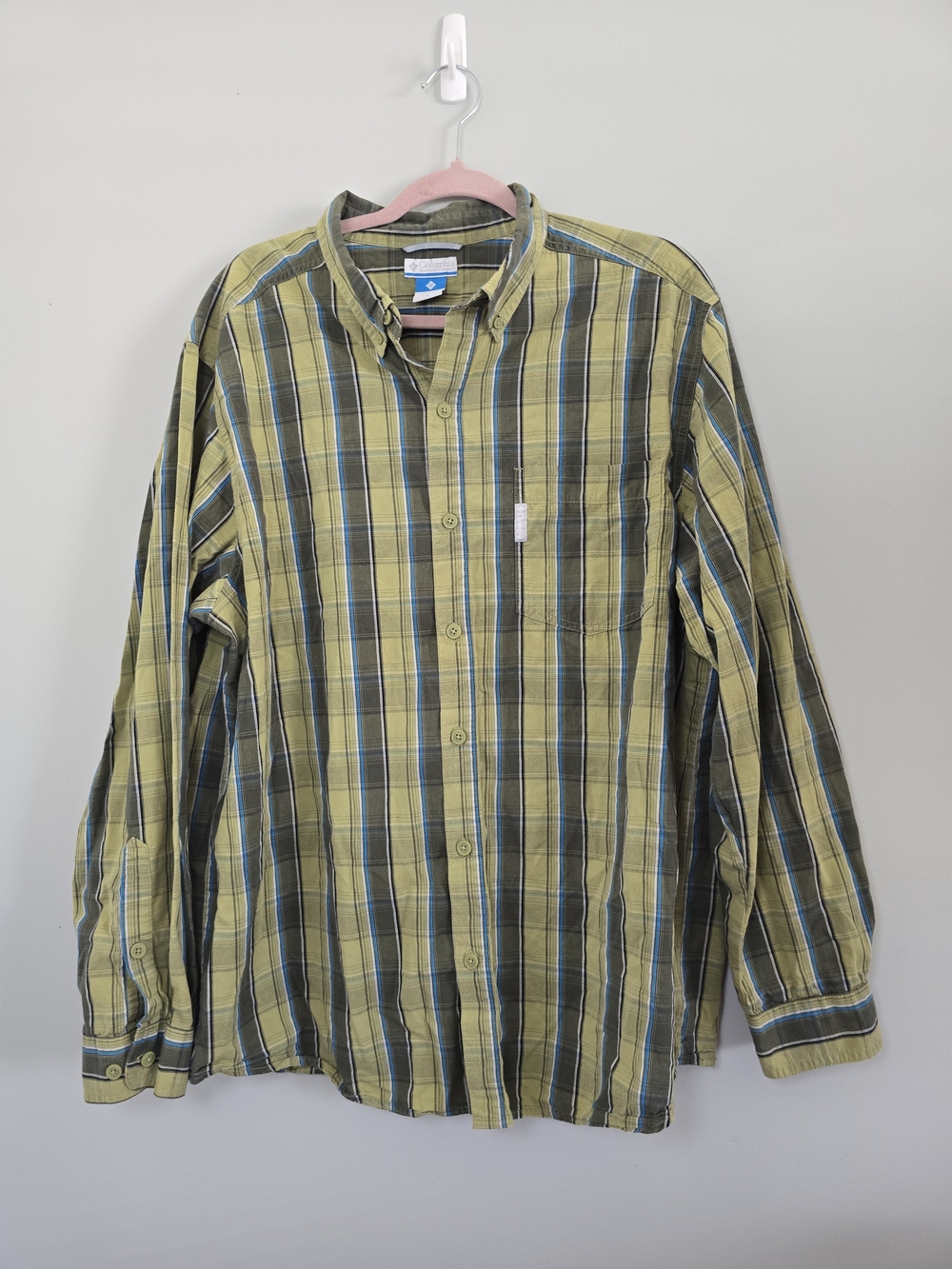Columbia Men’s Olive Green Blue Plaid Button-Down Shirt Long Sleeve XL